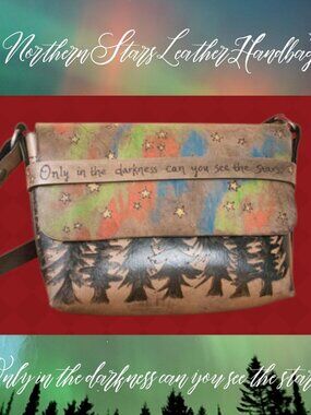Handpainted Leather Cross Body Handbag Northern Lights Trees Stars MLK Quote